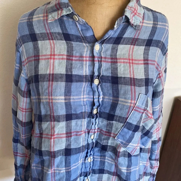 CP Shades blue sz S checkered plaid 100% linen long sleeve great pre owned cond - Picture 2 of 6